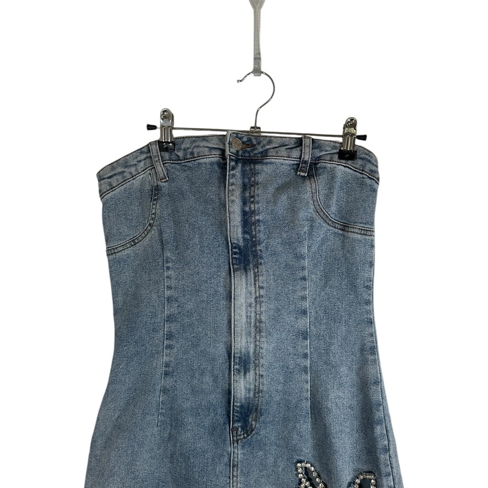 Akira Butterfly Kiss Embellished Denim Mini Tube Dress Sz M - Picture 4 of 11